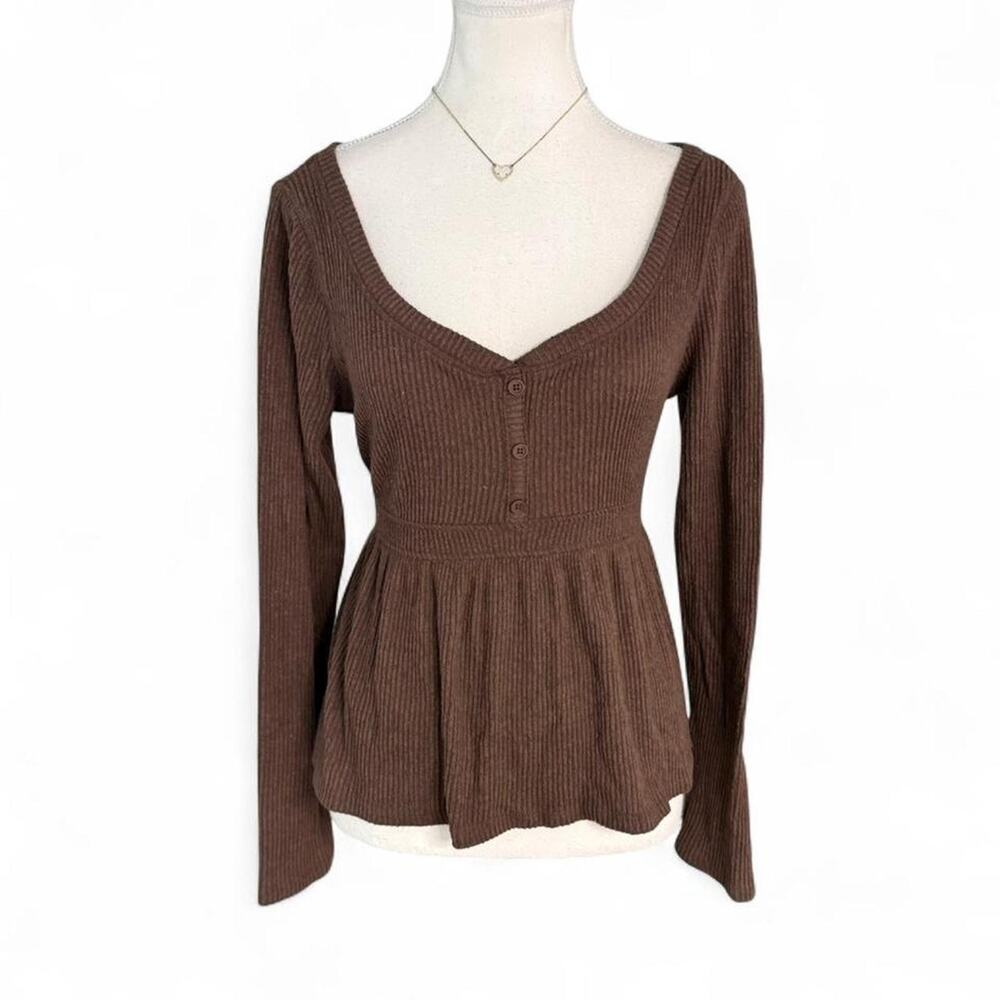 Brown Baby Doll Long Sleeve Tie Back Top Womens Large Mixed Threads Los Angeles